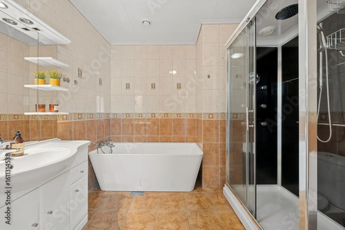 Modern bathroom interior in minimal scandinavian style, 3d render