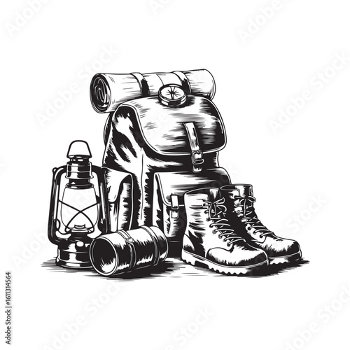 Vintage Engraving Style Illustration of Camping and Hiking Gear Essentials design