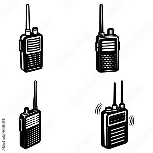 Four black and white illustrations of walkie talkies with varying antenna configurations shown in a grid