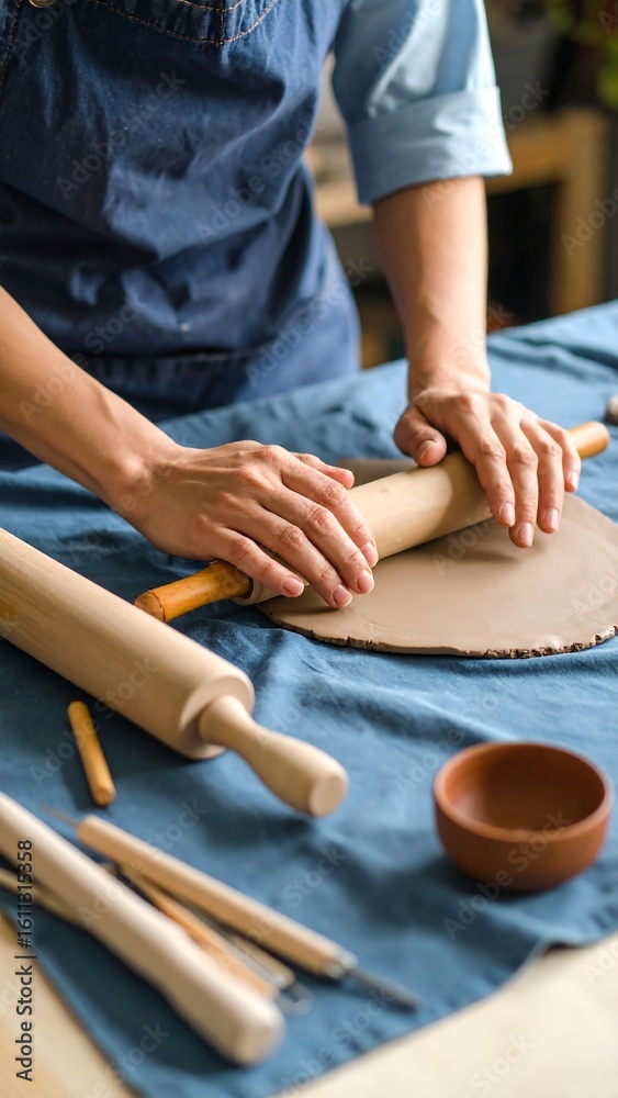 Obraz premium Clay shaping with rolling pin