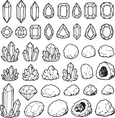 Collection of Various Crystals and Rocks Hand Drawn for Geological Studies or Artistic Purposes Depicted as Black and White Graphics