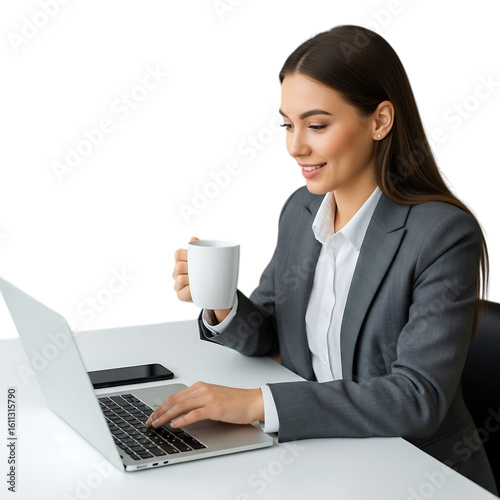 Woman business in suit working on laptop holding coffee cup isolated on transparent background