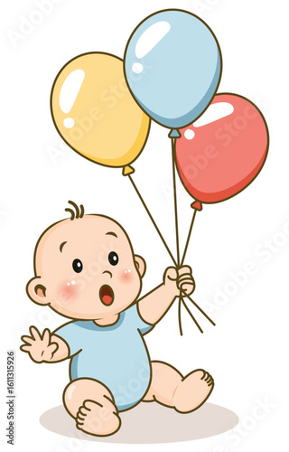 Illustration of a Baby Boy Holding Colorful Balloons