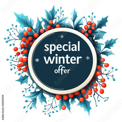This circular "special winter offer" icon, adorned with holly and berries, is ideal for websites and blogs to promote seasonal sales, holiday deals, and winter-themed content.

