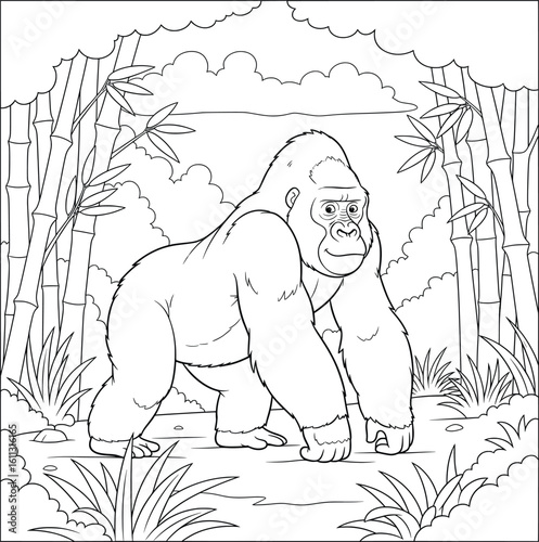 Cartoon Gorilla in Bamboo Forest — Bold Line Art Illustration for Kids’ Coloring Book and Wildlife Educational Activities