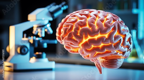 Glowing Human Brain Model Beside Scientific Microscope in Laboratory Setting science