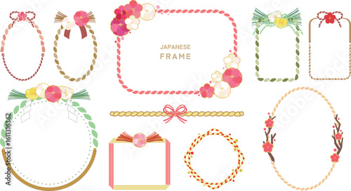 Japanese Rope Frame Set with Floral Decorations – Vector Design with Chrysanthemum, Camellia, Plum, Pine, and Ribbon