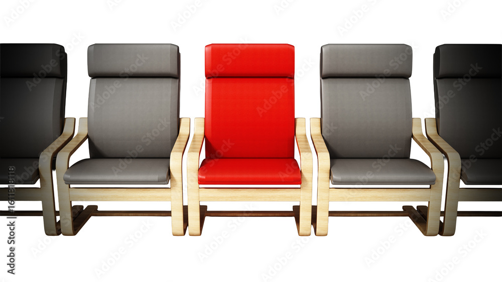 Fototapeta premium Red modern TV chair standing out among gray chairs on transparent background. 3D illustration