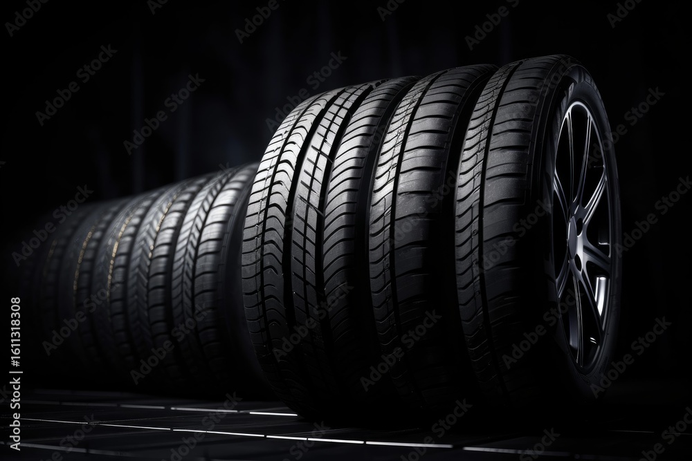 Obraz premium Car tires with alloy wheel standing in a row on black background in a dark studio, ready for changing and driving