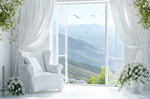 A room decorated with flowers with a white armchair in the corner of the room in a peaceful atmosphere. Perfect for a little rest and the mountain environment through the window calms the mind.