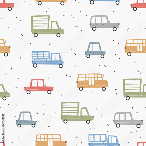 Cute cartoon car transportation seamless pattern. Childish and playful style vector illustration for Kids fabric or nursery decor, textile, clothing, stationery and more