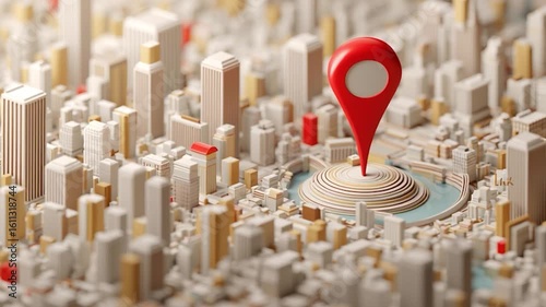 3D render animation of a location pin marker placed in the center of a stylized modern city. Symbolizing navigation, GPS, mapping, location services, and smart city concepts