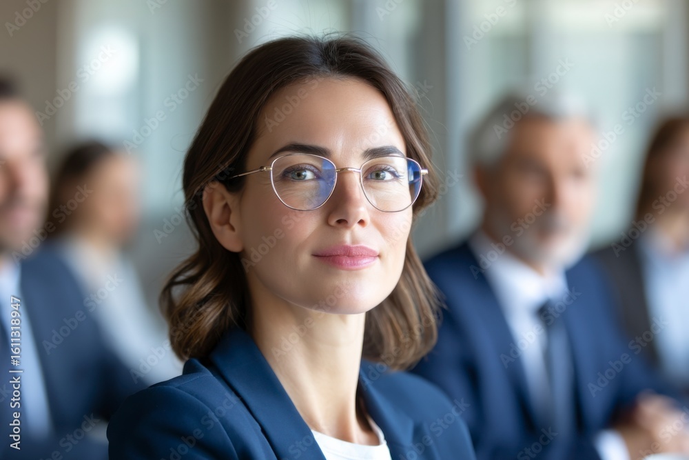 Fototapeta premium A confident young businesswoman wearing glasses looks forward, with blurred colleagues in suits sitting behind her in a professional office setting.
