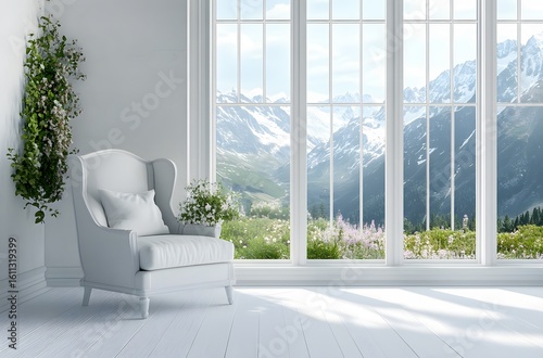A room decorated with flowers with a white armchair in the corner of the room in a peaceful atmosphere. Perfect for a little rest and the mountain environment through the window calms the mind.