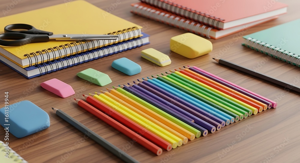 Naklejka premium A desk with notebooks, colored pencils, erasers, a pencil and scissors arranged neatly on it