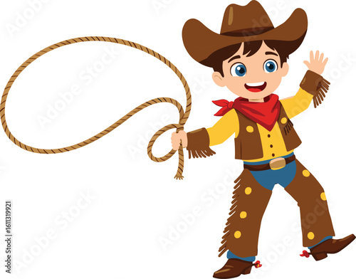 Cartoon cowboy boy with lasso, smiling, wearing western clothes, kids character vector, rodeo outfit, child costume, flat design illustration