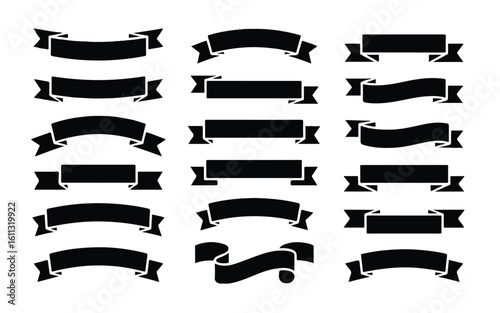 Collection of black ribbon banner silhouettes. Vector design elements for titles and decoration.