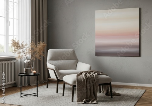 A comfortable grey armchair and ottoman are styled with a soft blanket and decorative elements