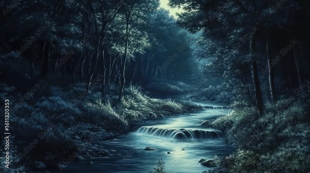 Obraz premium Tranquil Nocturne: A Dreamy River Flowing Through the Forest at Twilight