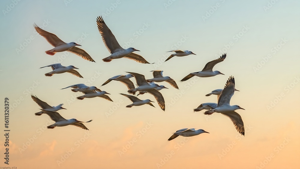 Fototapeta premium Flock of Geese Flying at Sunset – Majestic Birds Soaring Across Soft Pastel Sky with Warm Golden Light in a Serene Nature Wildlife Scene Capturing Bird Migration in Flight