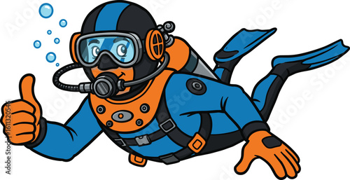 Cartoon scuba diver underwater, giving thumbs up, full diving suit, snorkel mask, ocean scene, aquatic sport, vector flat illustration