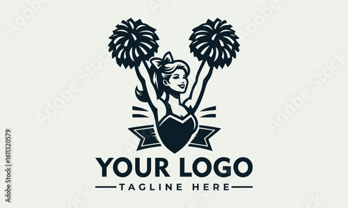 Vintage logo design of a cheerleader with pom-poms, featuring a stylized female figure.