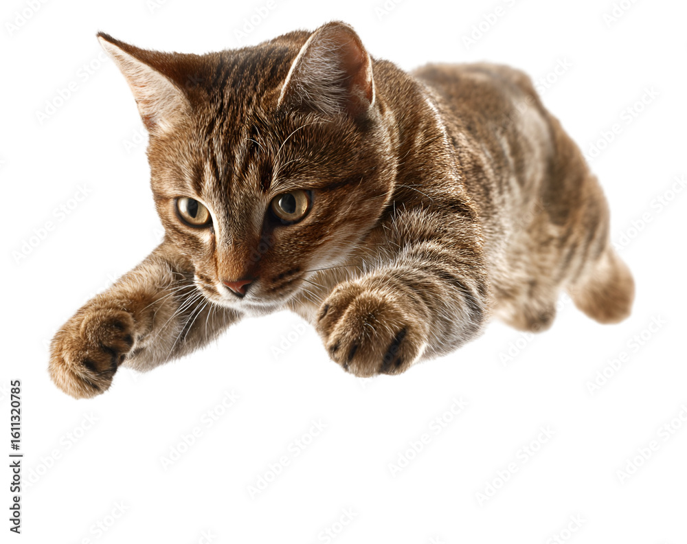 Obraz premium Focused Tabby Cat Pouncing with Intense Gaze and Extended Paws.
