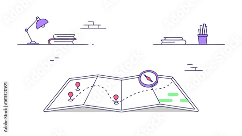 Folded paper map with route and compass