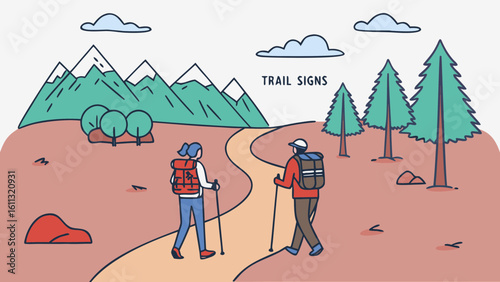 Adventure hiking scene with backpack and trail path

