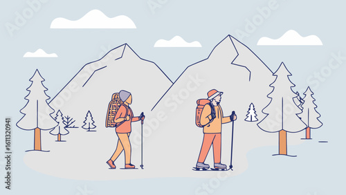 Mountain hiking trip with gear and trail signs