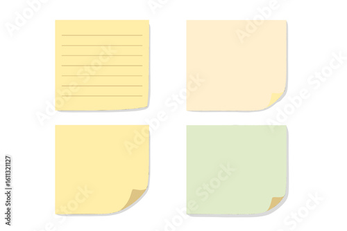 Realistic 3D paper sticky notes set. Yellow and green memo sheets with curled corner. Vector illustration for reminder, message, office concept. Blank note template.