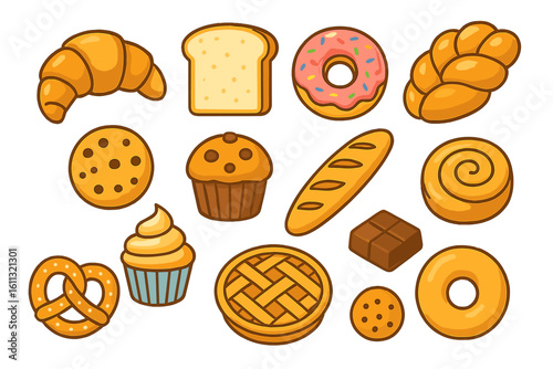 Bakery products and pastry set. Cute cartoon icons collection with bread, donut, croissant, cupcake, pie, pretzel, muffin. Sweet food and desserts vector illustration.