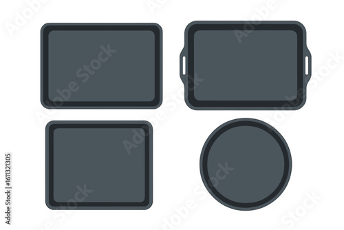 Baking tray set top view vector illustration. Empty kitchenware collection, cookie sheet, food pan. Bakeware for oven cooking. Serving tray mockup template isolated.