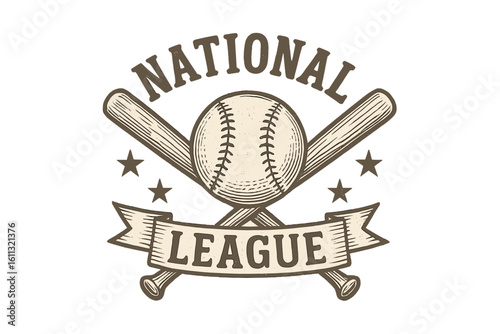 Baseball national league vintage emblem. Retro sport logo with crossed bats and ball. Classic tournament insignia for team or championship. Grunge athletic vector icon.