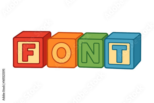 Colorful wooden toy blocks spelling FONT. Vector alphabet cubes for children, education, learning, kindergarten, and school. Playful typography design element isolated.