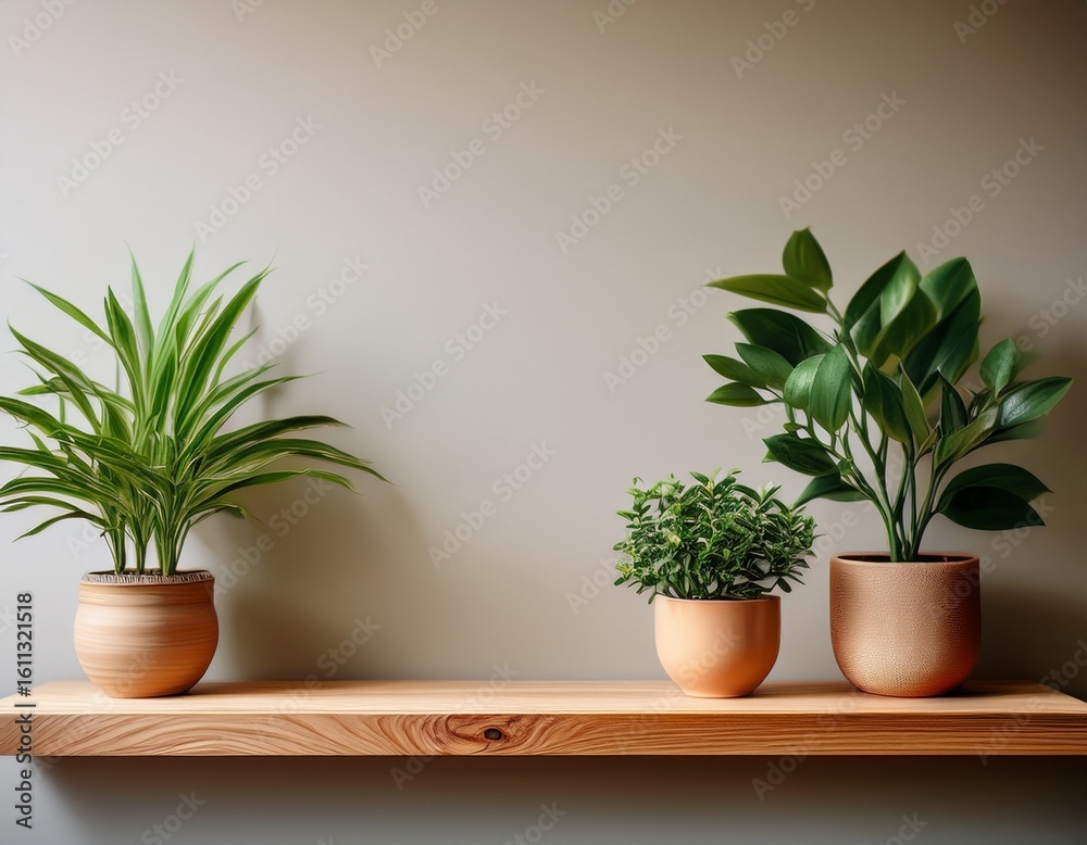 Fototapeta premium minimalist wooden shelf with potted plants on a neutral background for home decor and interior design decoration ideas