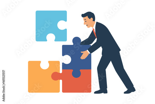 Businessman putting puzzle pieces together. Business concept for solution, problem solving, and strategy. Metaphor for teamwork, partnership, connection and success. Vector.