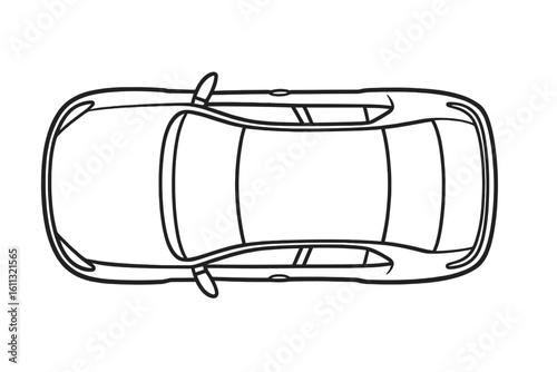 Car top view vector illustration. Black line vehicle drawing. Automobile from above. Simple outline icon for transport design. Isolated auto sketch, plan view graphic element.