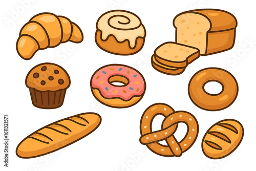 Cartoon bakery products vector set. Fresh bread, pastry collection with croissant, donut, pretzel, muffin, baguette. Cute food icons for cafe menu or bake shop design.
