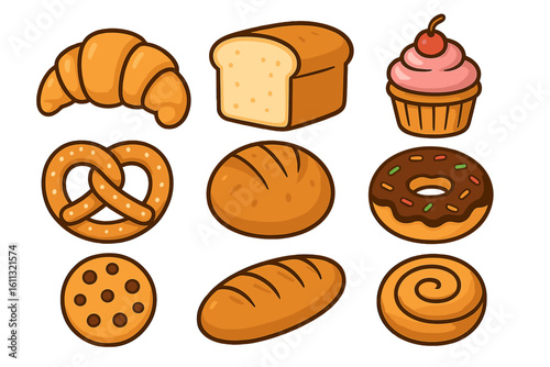 Cartoon bakery products vector illustration set. Cute food icons including bread, croissant, cupcake, donut, pretzel, cookie, and pastry. Isolated graphic elements for design.
