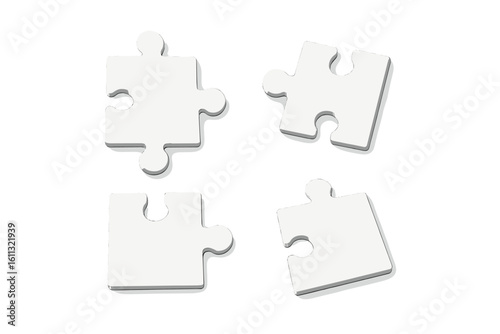 Jigsaw puzzle 3d vector pieces. Business metaphor for teamwork, connection, problem-solving. Concept for strategy, partnership, solutions. Blank white mockup template.