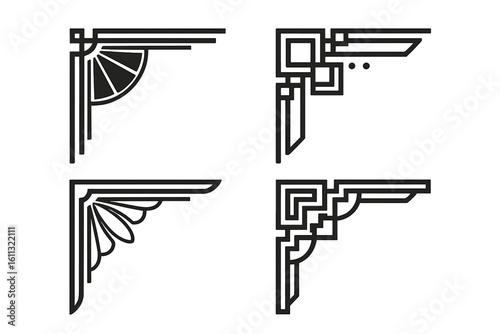 Set of 4 Art Deco Corner Designs, Vintage Decorative Elements, Classic Geometric Borders, Elegant Frame Accents, Retro Style Vector Illustrations on Transparent Background