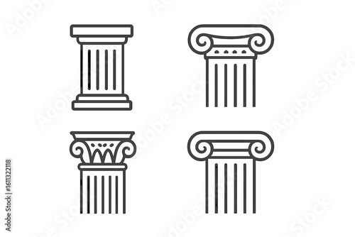 Ancient Greek column capitals icon set. Vector line art of Doric, Ionic, and Corinthian architectural orders. Classic Roman pillar symbols for history or law.