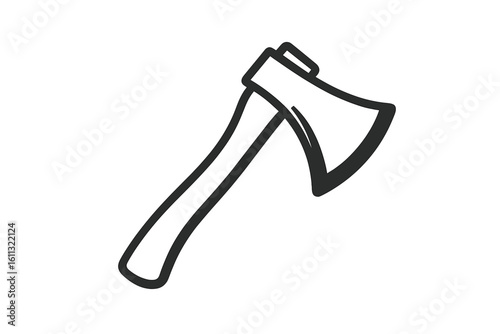 Axe logo vector illustration. Lumberjack tool icon for camping and survival. Woodcutter hatchet equipment symbol. Simple black outline graphic for chopping wood concept.