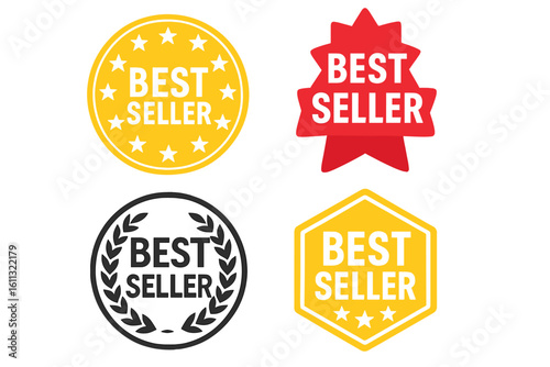 Best seller badge collection. Top seller stamp for product promotion. Quality choice award label. E-commerce marketing sticker set. Vector icon with star and ribbon.