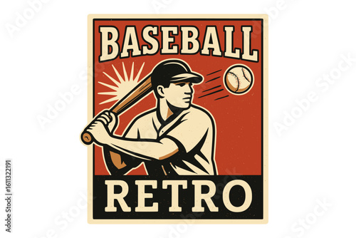 Retro baseball player poster vector illustration. Man swinging bat at ball. Vintage sports emblem for team logo or t-shirt print. Classic athletic champion design element.