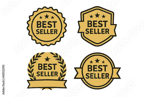 Best seller badges vector illustration. Golden label sticker collection. Top quality product seal. Award icon for sale promotion. Marketing symbol set with stars and ribbon.