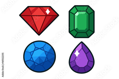 Cartoon gemstones set. Colorful jewel collection with ruby, emerald, sapphire, amethyst. Vector icons for game assets. Precious shiny diamond crystal treasure illustration.