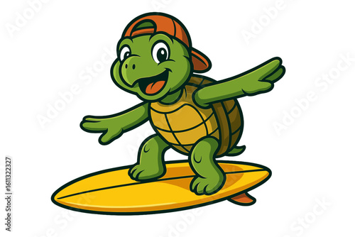 Cartoon surfer turtle character mascot on a surfboard. Cute happy tortoise surfing on a wave. Summer sea sport vector illustration for kids. Fun friendly reptile animal.