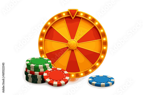 Casino fortune wheel and poker chips for gambling game vector illustration. Glowing prize wheel for luck, chance and jackpot win. Isolated betting and casino elements.